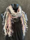 Boho Art yarn fringie scarf in gray pink whites. Bohemian fashion