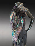 Boho artistic handmade poncho with fringe in teal green shades, statement fashion shawl