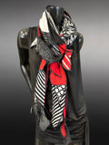 Versatile upcycled street style scarf, black and red scarf, couture fashion