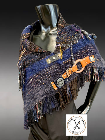 Saori style woven poncho with snaps, earth tone bohemian shawl