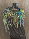 Poncholette in blue green, Boho hippie fringed shoulder wrap