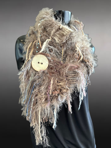 Hand Knit taupe fur scarf with oversized button, Fur Boho Art Scarf, Scarf with fringe, tan knit scarf