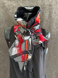 Boho couture fabric scarf, free form scarf, couture black red scarf