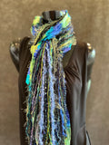 Handmade art yarn fringe scarf with art yarns , Fringie scarf in blue green purple, women gift, boho accessory, vibrant color scarf