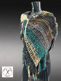 Boho artistic handmade poncho with fringe in teal green yellow shades, statement fashion shawl