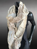 Couture upcycled fabric long scarf, Shreds series bohemian style, upcycled indie clothing, blue jean cream scarf, wrap shawl