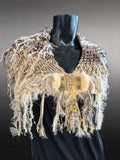 Knit beige beige yellow Cowl with fringe and clasp, cowgirl style , boho style scarf