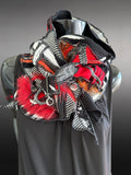 Boho couture fabric scarf, free form scarf, couture black red scarf