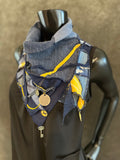 Upcycled couture neck cowl scarf in navy yellow jean boho hippie eco-friendly scarves, fabric neckwarmer