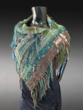 Woven saori style boho or viking style poncholette with art yarns, Green brown Woven Cowl, nature inspired clothing