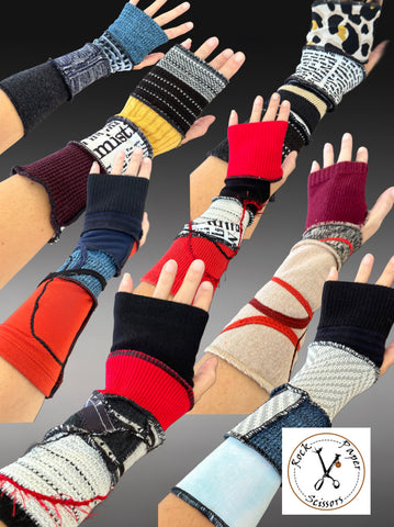 Fabric eco-friendly arm warmers, fingerless gloves, upcycled sweater sleeves