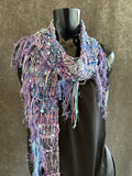 Lightweight knit purple pink scarf, bohemian jewel tone triangle -shape Scarf, ribbon knit scarf
