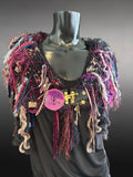 Knit bohemian fantasy black fuscia cowl with clasp closure, Viking style