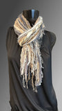 bohemian style Scarf, ivory luxury art yarn Scarf, fur fringe scarf, boho fashion, fiber necklace, indie scarf