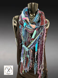 Pop culture vibrant color scarf, Artisan Boho Art Scarf – Upcycled Fabric & Fiber Statement Wrap