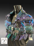 Saori style woven blue green poncholette, bohemian style or avant garde fashion shawl