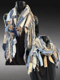 Boho blue jean Scarf, Artisan fiber fringe scarf, tribal scarves, deconstructed fashion