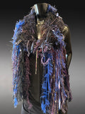 Artisan Fiber Art Scarf – Handcrafted Textured Statement Scarf in Midnight Blue, Purple & Black – Wearable Textile Art