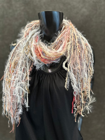 Boho Art yarn fringie scarf in peach pink creams. Bohemian fashion