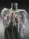 Bohemian style faux Fur wrap with fringe, luxury fur knit capulet, gray purple Fiber Art Wrap