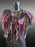 Knit bohemian fantasy black fuscia cowl with clasp closure, Viking style