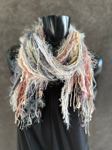 Boho Art yarn fringie scarf in gray pink whites. Bohemian fashion