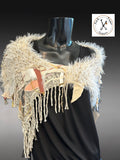 Luxury women poncho, Fur poncholette, Knit fringed winter white cowl with fringe
