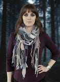 Boho neutral fiber fringe scarf with upcycyled fabric and art yarn in Lavender Blue Gray