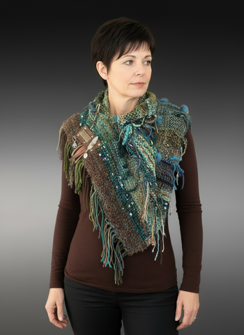 Woven saori style boho or viking style poncholette with art yarns, Green brown Woven Cowl, nature inspired clothing