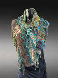 Woven saori style boho or viking style poncholette with art yarns, Green brown Woven Cowl, nature inspired clothing