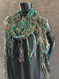 Lightweight knit teal fringed scarf, bohemian jewel tone triangle -shape Scarf, ribbon knit scarf
