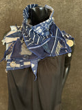 Upcycled couture neck cowl scarf in jean blues, navy, gray, boho hippie scarf