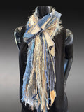 Boho blue jean Scarf, Artisan fiber fringe scarf, tribal scarves, deconstructed fashion