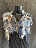 Hand knit Eclectic Boho Cowl, Jean blue gray fringed women shoulder wrap