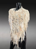 Boho knit poncho in ivory beige, fringed shawl in winter white, Tribal Wrap