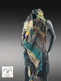 Boho artistic handmade poncho with fringe in teal green yellow shades, statement fashion shawl