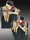 Upcycled couture neck cowl scarf in red black beige, boho chic post apocalyptic, deconstruct clothing