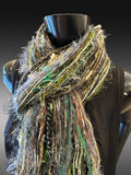 Boho style luxury eclectic Scarf, black olive teal brown, nature inspired art scarf