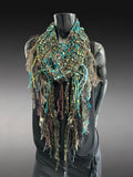 Lightweight knit teal fringed scarf, bohemian jewel tone triangle -shape Scarf, ribbon knit scarf