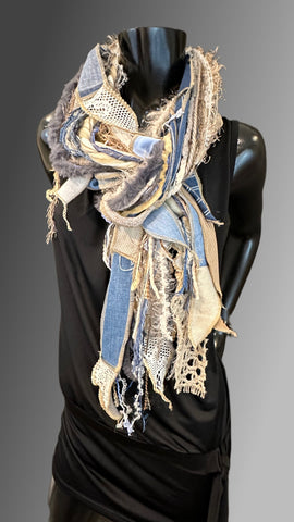 Lightweight jean blue beige Boho fabric plus art yarn Scarf, Shreds Fringie yarn scarf, fiber scarf, street style scarf, refashion