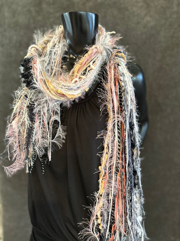 Fringie Yarn Scarf in cream pink black, boho fashion