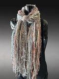 Unique handmade Boho style fringe scarf in pink peach gray, funky scarf