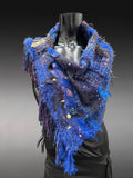 Saori style woven electric blue poncholette, bohemian or avant garde fashion shawl
