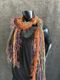 Handmade Mardi Gras color fringe scarf with art yarns, Boho fringe scarf