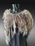 Boho chic Fur Taupe poncholette, Fringed shoulder wrap with faux fur, luxury fur knit capulet,