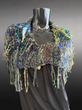 Knit blue green merino Cowl with fringe and buttons, boho style clothing