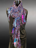 Lightweight knit purple pink scarf, bohemian jewel tone triangle -shape Scarf, ribbon knit scarf
