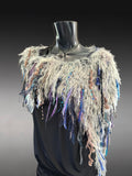 Bohemian style faux Fur wrap with fringe, luxury fur knit capulet, Fiber Art Wrap