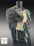Boho artistic handmade poncho with fringe in teal green yellow shades, statement fashion shawl