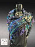 Saori style woven blue green poncholette, bohemian style or avant garde fashion shawl